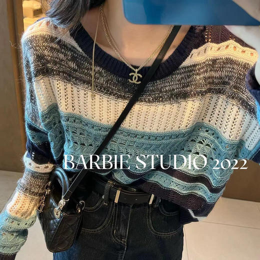 2023年早秋新款条纹软糯镂空针织衫女设计感小众休闲长袖上衣ao90 商品图3
