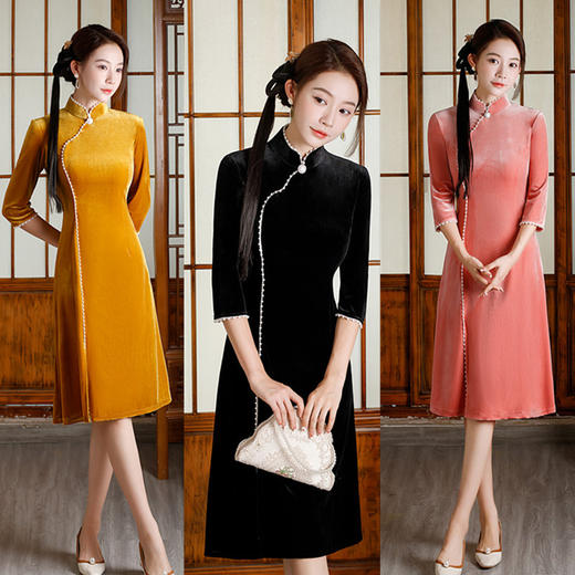 简单时尚A版七分袖丝绒旗袍2022秋冬新款改良现代女士日常旗袍裙GX 商品图0