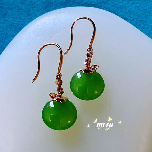 18K玫瑰金和田玉（碧玉）耳饰--事事如意/11*12mm/总长31mm/苹果绿 商品图1