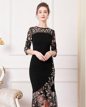 MWSZ-2F8759-1新款时尚优雅气质修身圆领七分袖不规则网纱刺绣礼服裙