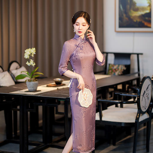 气质洋气真丝提花优雅淑女风阔太太旗袍裙TY-紫薇 商品图1