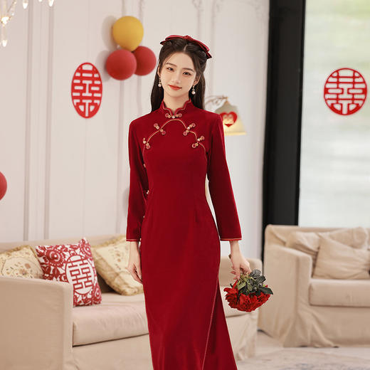 秋冬新款，长款单层倒大袖新娘敬酒服旗袍TMY-7155 商品图1