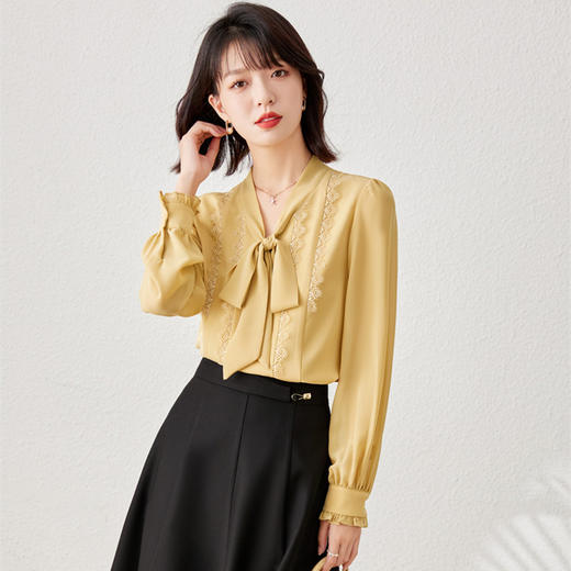 秋装新款，时尚花边系带V领雪纺气质长袖衬衫上衣YZ-1229 商品图3