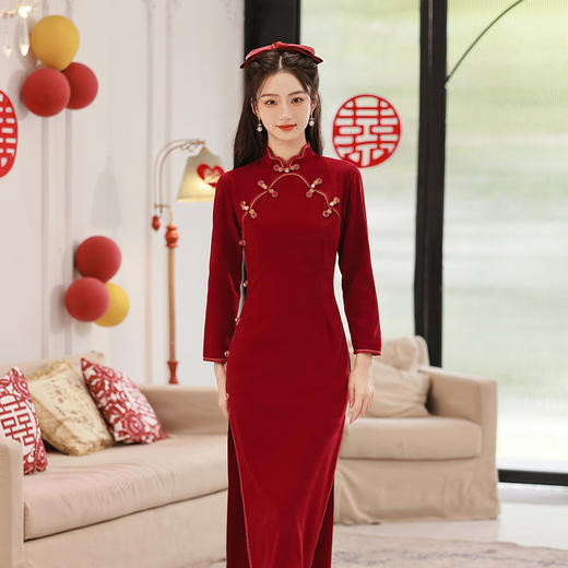 秋冬新款，长款单层倒大袖新娘敬酒服旗袍TMY-7155 商品图0