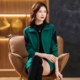 女士格子翻领短外套，秋季新款宽松休闲女装秋冬拉链撞色上衣CC-33-2595