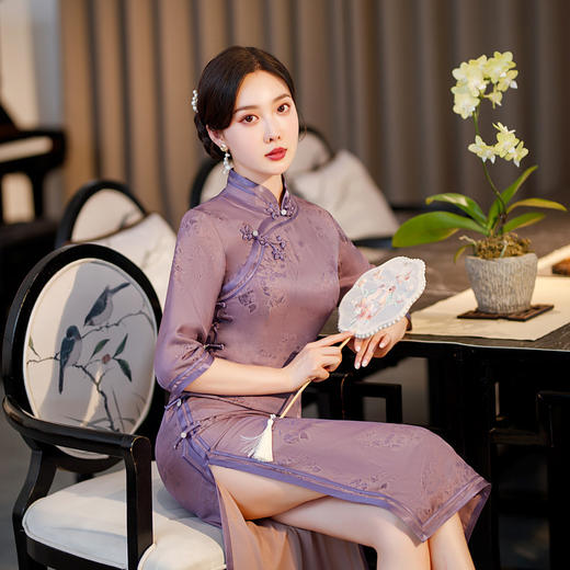 气质洋气真丝提花优雅淑女风阔太太旗袍裙TY-紫薇 商品图4