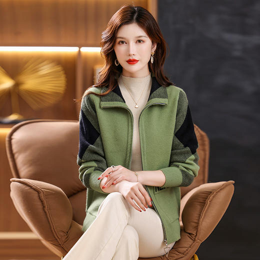 女士格子翻领短外套，秋季新款宽松休闲女装秋冬拉链撞色上衣CC-33-2595 商品图3