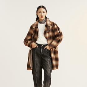 谜底2022冬款复古时尚文艺格纹中长款羊毛呢大衣外套女229MD6197