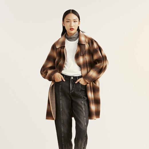 谜底2022冬款复古时尚文艺格纹中长款羊毛呢大衣外套女229MD6197 商品图0