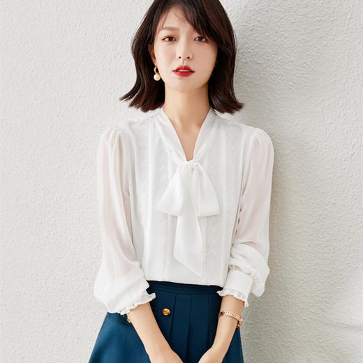 秋装新款，时尚花边系带V领雪纺气质长袖衬衫上衣YZ-1229 商品图2