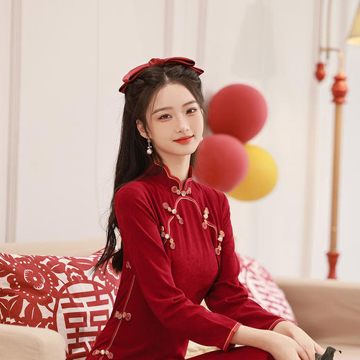 秋冬新款，长款单层倒大袖新娘敬酒服旗袍TMY-7155 商品图3
