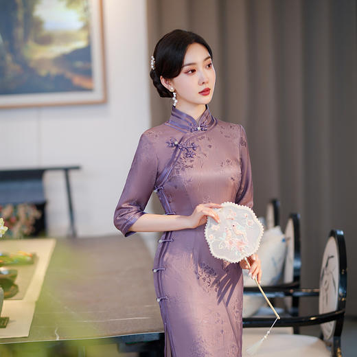 气质洋气真丝提花优雅淑女风阔太太旗袍裙TY-紫薇 商品图3