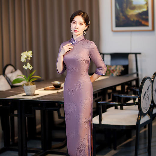 气质洋气真丝提花优雅淑女风阔太太旗袍裙TY-紫薇 商品图0