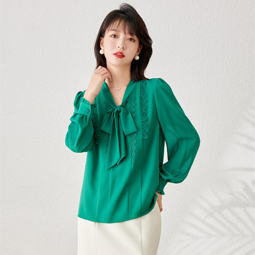 秋装新款，时尚花边系带V领雪纺气质长袖衬衫上衣YZ-1229 商品图0