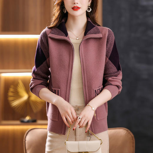 女士格子翻领短外套，秋季新款宽松休闲女装秋冬拉链撞色上衣CC-33-2595 商品图7