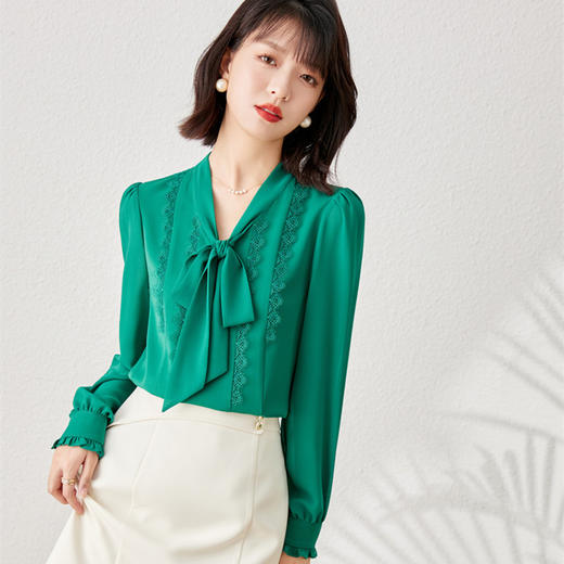 秋装新款，时尚花边系带V领雪纺气质长袖衬衫上衣YZ-1229 商品图5