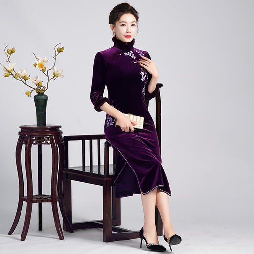 新款真丝绒连衣裙，秋季大码女装名媛气质妈妈改良旗袍婚宴礼服LHS-SR5 商品图2