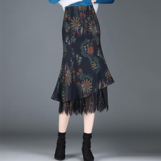 优雅复古，印花鱼尾拼接蕾丝包臀裙MYX-21620 商品图2