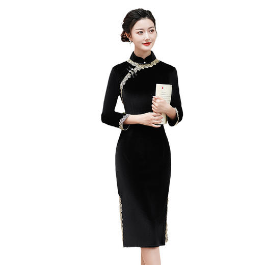 妈妈装秋款旗袍，新款女改良版黑色丝绒旗袍款秋季气质蕾丝边MX-70097 商品图4