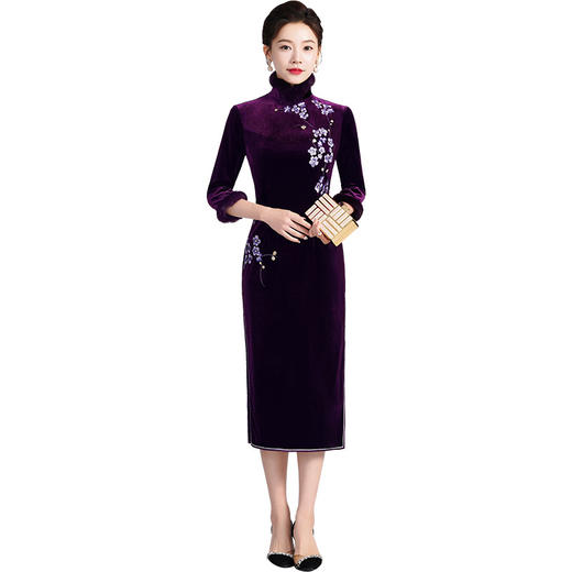 新款真丝绒连衣裙，秋季大码女装名媛气质妈妈改良旗袍婚宴礼服LHS-SR5 商品图4