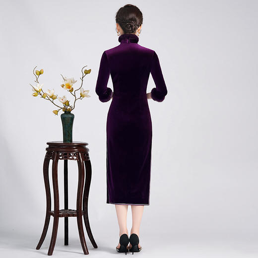 新款真丝绒连衣裙，秋季大码女装名媛气质妈妈改良旗袍婚宴礼服LHS-SR5 商品图3