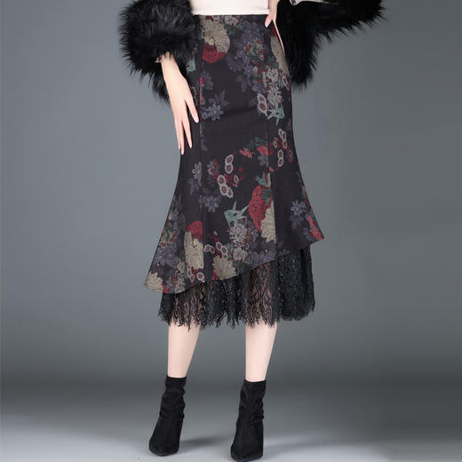 优雅复古，印花鱼尾拼接蕾丝包臀裙MYX-21620 商品图0