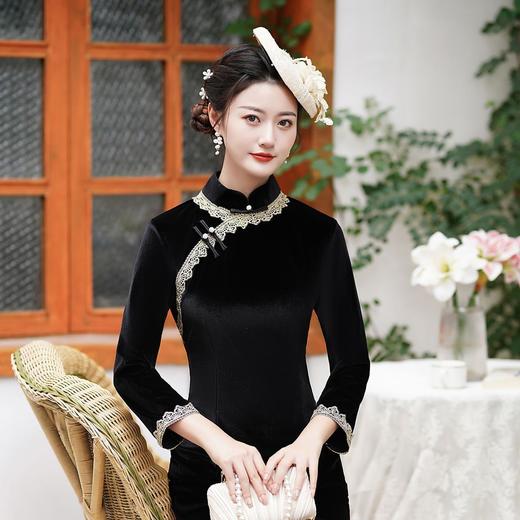 妈妈装秋款旗袍，新款女改良版黑色丝绒旗袍款秋季气质蕾丝边MX-70097 商品图2