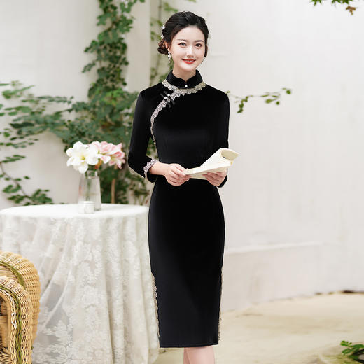妈妈装秋款旗袍，新款女改良版黑色丝绒旗袍款秋季气质蕾丝边MX-70097 商品图0