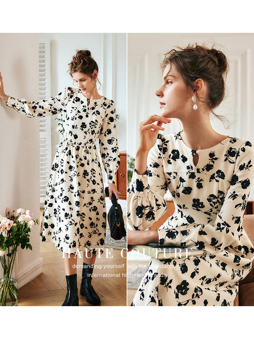 OLrain欧芮儿法式长袖碎花连衣裙女秋季2022新款收腰气质镂空伞裙 商品图1