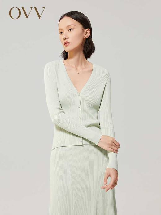 OVV 2022秋冬新款女装基础款桑蚕丝棉混纺V领休闲长袖针织开衫 商品图0