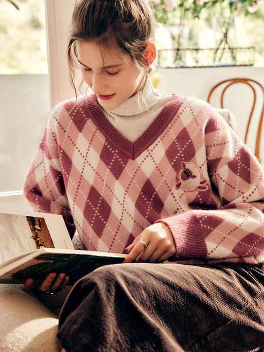 OLrain欧芮儿法式粉色套头毛衣女秋季2022新款慵懒风菱格v领上衣 商品图3