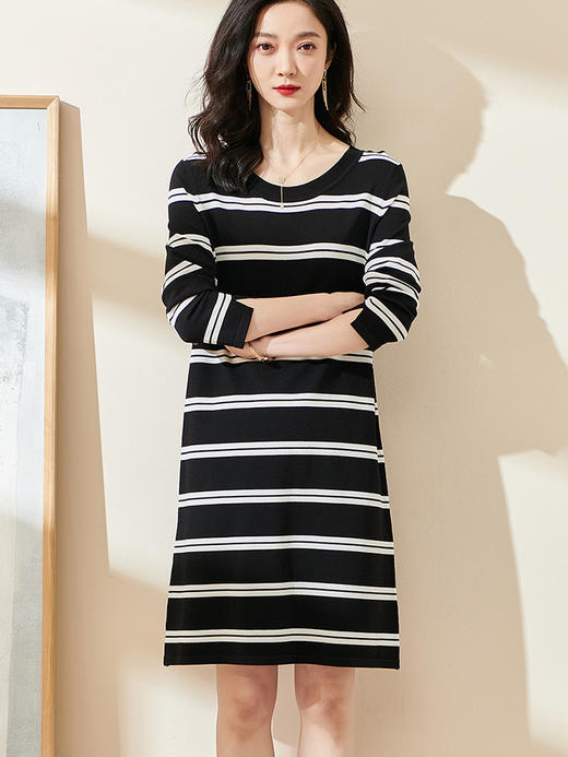 剩M/L 米思阳2024秋季新款休闲时尚条纹中长款T裙宽松九分袖连衣裙0534 商品图2
