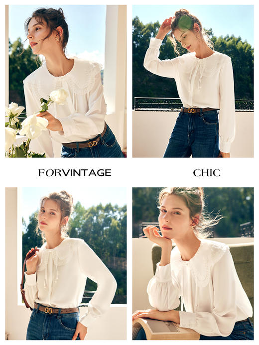 OLrain欧芮儿法式娃娃领雪纺蕾丝衫女秋季2022年新款宽松甜美小衫 商品图1