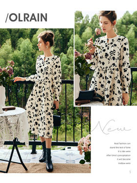 OLrain欧芮儿法式长袖碎花连衣裙女秋季2022新款收腰气质镂空伞裙