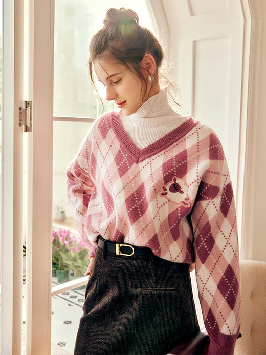 OLrain欧芮儿法式粉色套头毛衣女秋季2022新款慵懒风菱格v领上衣 商品图1