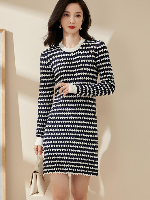 米思阳气质淑女针织连衣裙2025新款ins潮流撞色条纹中长裙子2589 商品图2