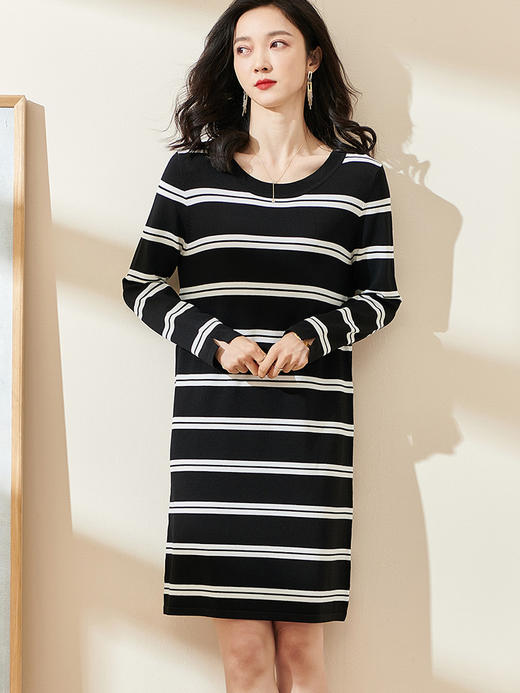 剩M/L 米思阳2024秋季新款休闲时尚条纹中长款T裙宽松九分袖连衣裙0534 商品图1