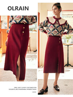 OLrain欧芮儿法式酒红色半身裙女秋季2022新款开叉直筒中长款裙子