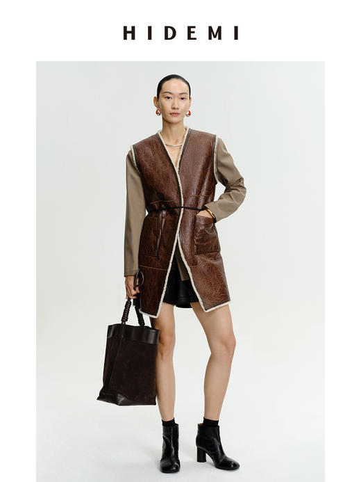 HIDEMI澳洲美利奴羊毛皮毛一体风格做旧感v领中长款皮衣马夹大衣 商品图7