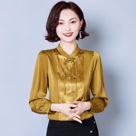 KQL E261N2179 2022秋新款女装仿真丝V领气质百搭长袖衬衫显瘦桑蚕丝衬衣上衣