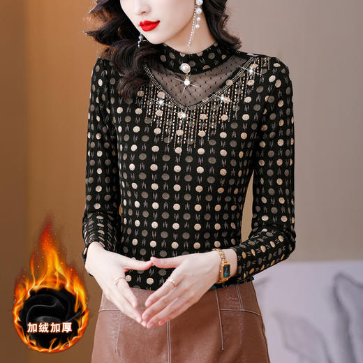 KQL B08N8993重工烫钻网纱打底衫百搭T恤 商品图0