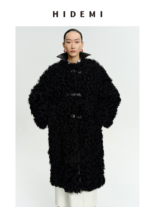 HIDEMI 西班牙皮毛一体黑色长款廓形皮扣大衣外套 商品图10