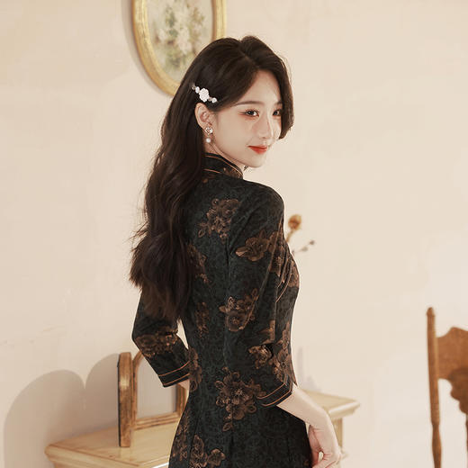 秋冬旗袍中老年妈妈装，绿色复古修身大码日常连衣裙旗袍XL-911 商品图4