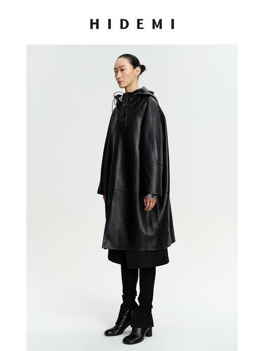 HIDEMI 极简连帽大廓形加厚新西兰小羊皮斗篷式大衣 商品图3