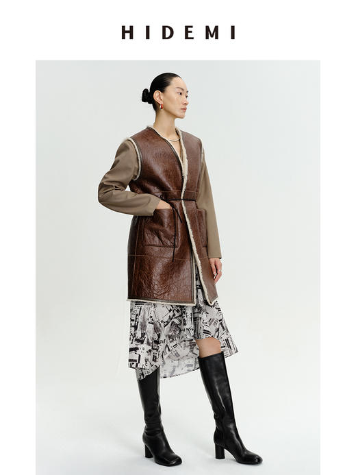 HIDEMI澳洲美利奴羊毛皮毛一体风格做旧感v领中长款皮衣马夹大衣 商品图11