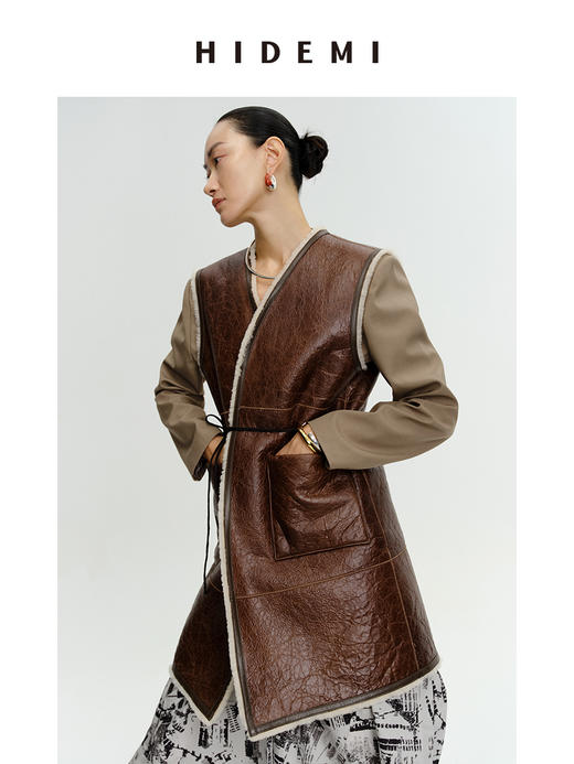 HIDEMI澳洲美利奴羊毛皮毛一体风格做旧感v领中长款皮衣马夹大衣 商品图12