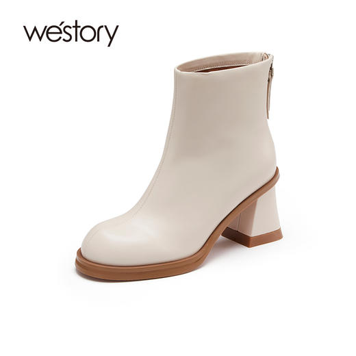 westory粗高跟时装短靴真皮拉链显瘦增高靴子22年秋冬新款女82281 商品图2