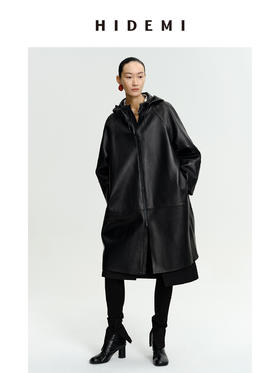 HIDEMI 极简连帽大廓形加厚新西兰小羊皮斗篷式大衣