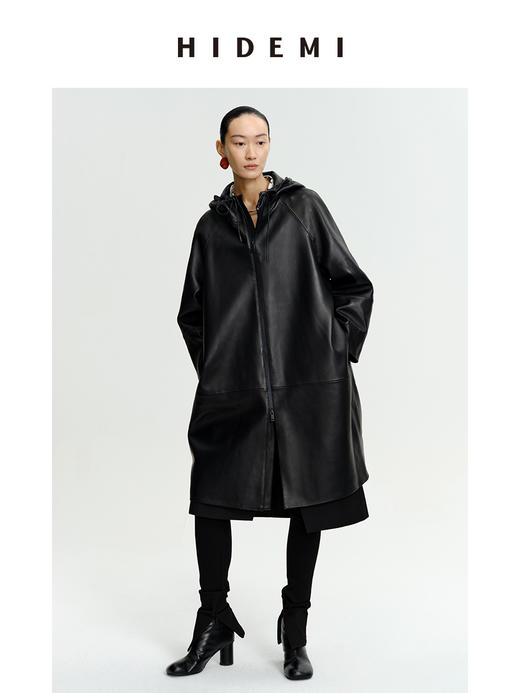 HIDEMI 极简连帽大廓形加厚新西兰小羊皮斗篷式大衣 商品图0
