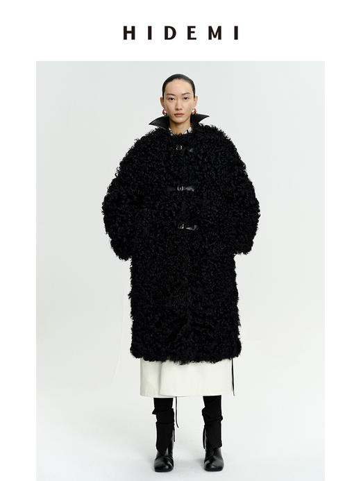 HIDEMI 西班牙皮毛一体黑色长款廓形皮扣大衣外套 商品图2